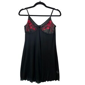 Paltal Black Babydoll Lingerie Mini Dress‎ Red Floral Embroidery Size M Chemise